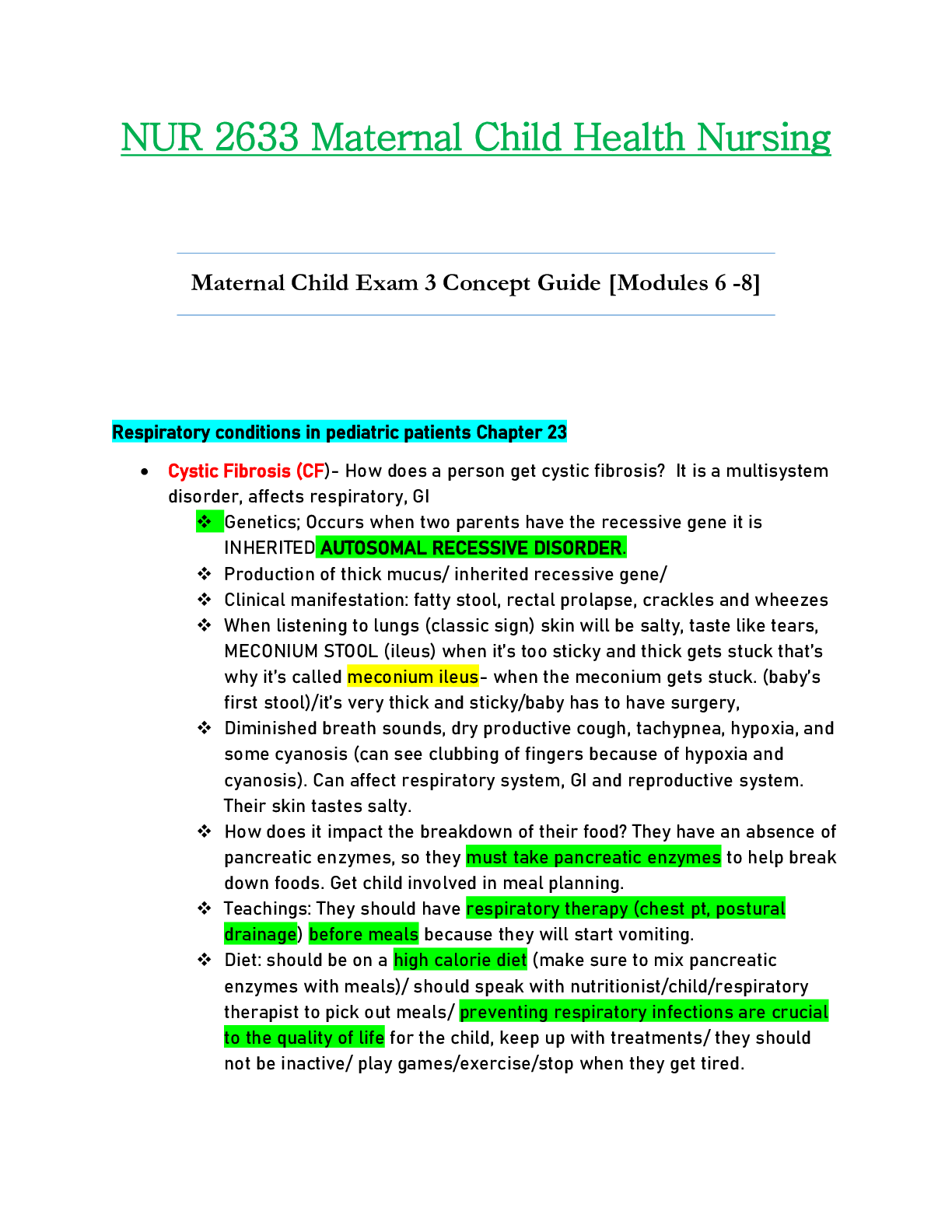 Preview of NUR 2633 / NUR2633 Exam 3 Concept Guide [Modules 6 - 8] Updated: Maternal Child Health Nur